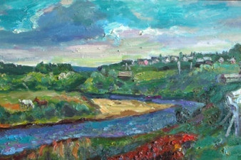 Вид на село Никольское. 2006. Холст, масло. 48х102